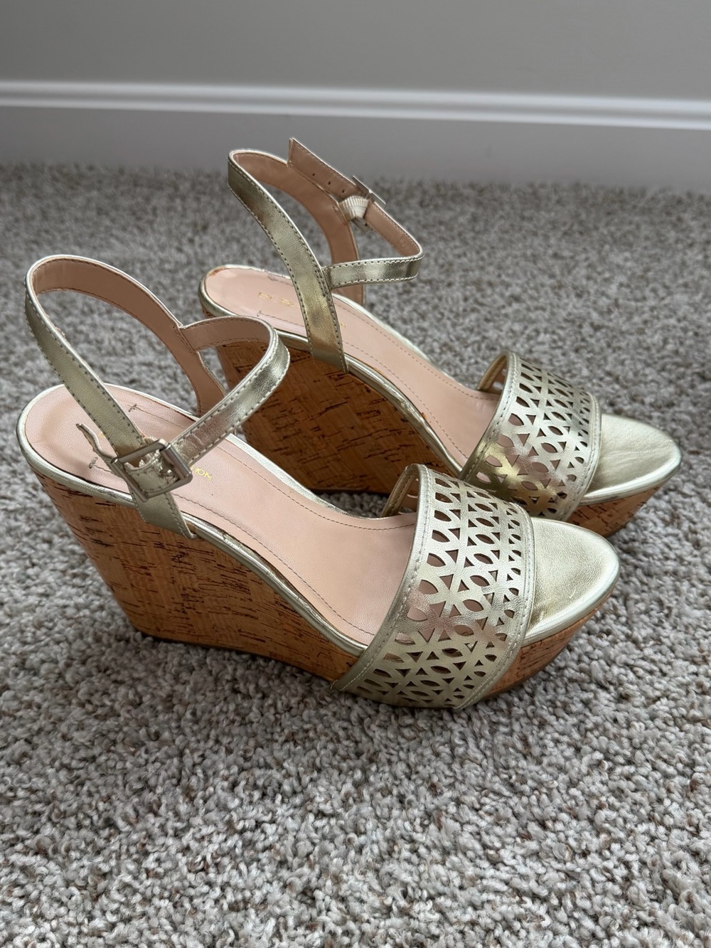 BCBGeneration Gold Laser-Cut Cork Wedge Sandals